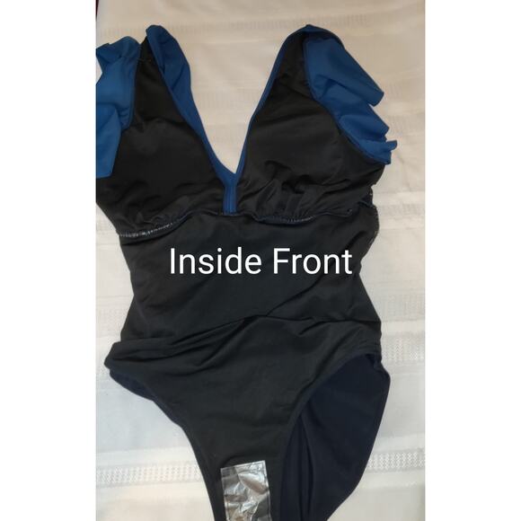 Bloomin Jelly Swimsuit LARGE Tiered Flutter Sleeves Ruching Turquoise Black NWT - Picture 6 of 16